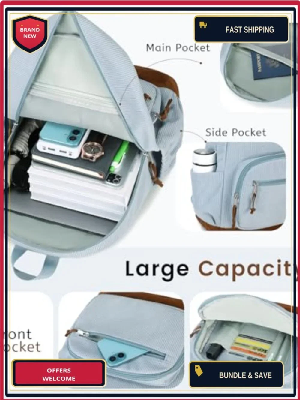 Corduroy Teen Student Backpack 24L Fits 15.6in Laptop, DIY Blank
